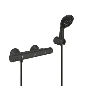Grohe Set de douche mitigeur de douche thermostatique 1/2 + Douchette 2 jets + support mural + Flexible 1750 mm, noir mat